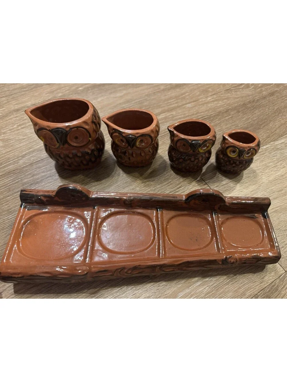 70'Ceramic Owl Measuring Cup Set 4pc w/ Holder Tray Brown/Black 1, 2/3, 1/2, 1/3